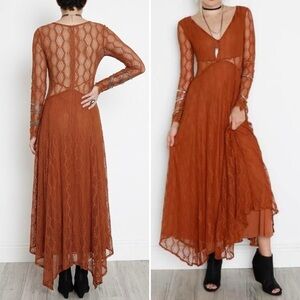 SOLD 🌈 NEW FREE PEOPLE GUINEVERE LACE MAXI DRESS CUT OUT RUST BRONZE XS $198